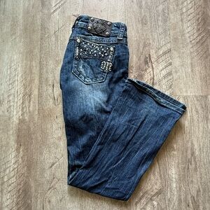 Women’s Y2K Buckle Miss Me Distressed Studded Rhinestone Bootcut Denim Jeans 28